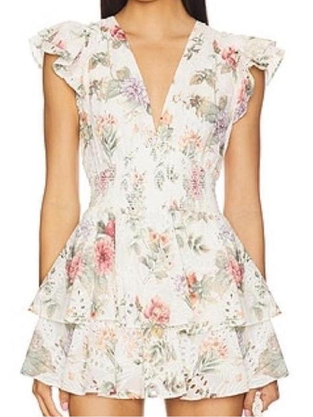 Alice + Olivia White Floral V-Neck Tiered Ruffle Mini Romper